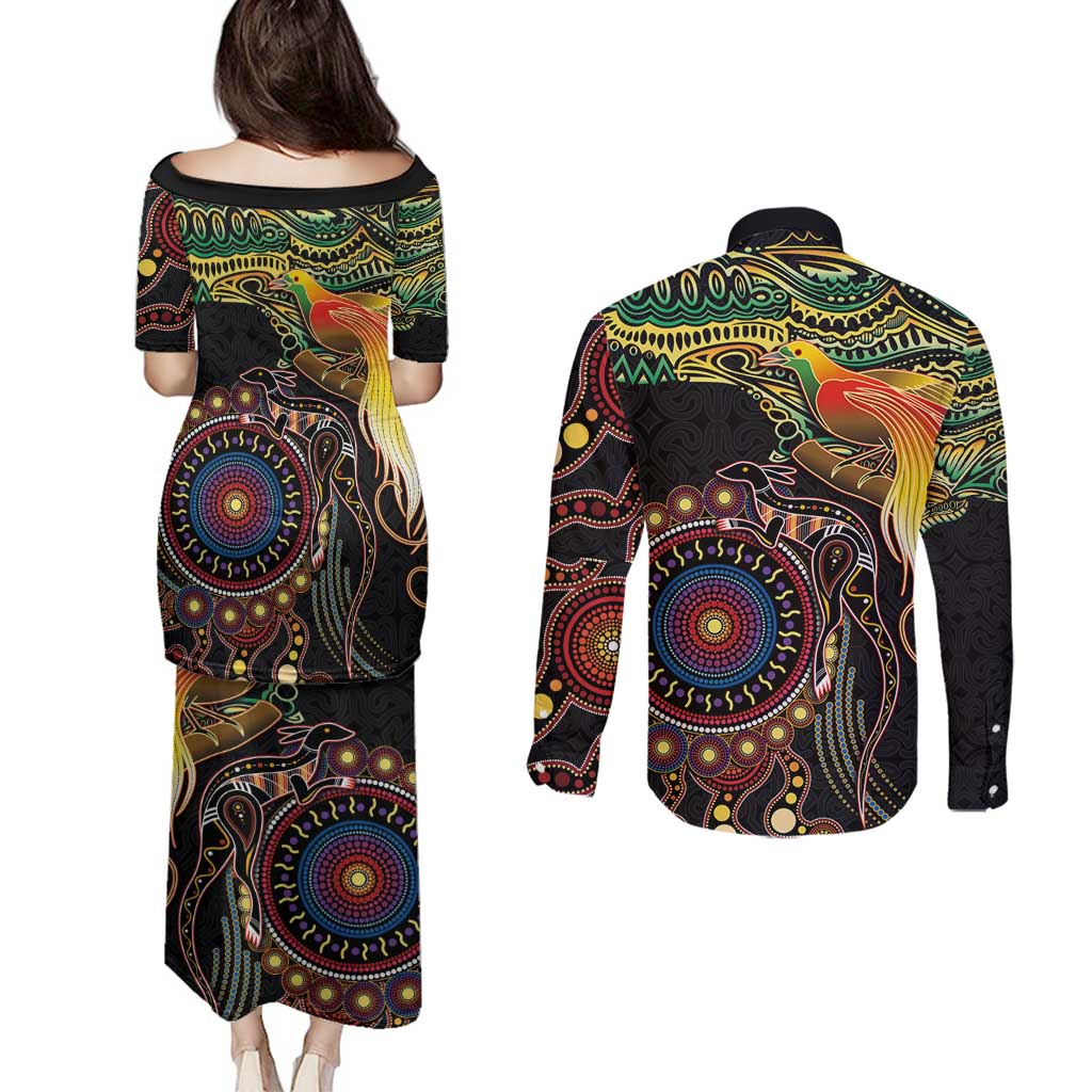 Papua New Guinea and Australia Together Couples Matching Puletasi and Long Sleeve Button Shirt Bird of Paradise and Kangaroo Melanesian Aboriginal Motifs LT03 - Polynesian Pride