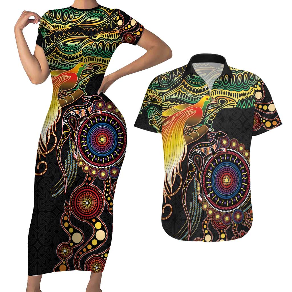 Papua New Guinea and Australia Together Couples Matching Short Sleeve Bodycon Dress and Hawaiian Shirt Bird of Paradise and Kangaroo Melanesian Aboriginal Motifs LT03 Black - Polynesian Pride