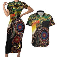 Papua New Guinea and Australia Together Couples Matching Short Sleeve Bodycon Dress and Hawaiian Shirt Bird of Paradise and Kangaroo Melanesian Aboriginal Motifs LT03 Black - Polynesian Pride