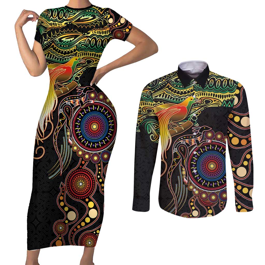 Papua New Guinea and Australia Together Couples Matching Short Sleeve Bodycon Dress and Long Sleeve Button Shirt Bird of Paradise and Kangaroo Melanesian Aboriginal Motifs LT03 Black - Polynesian Pride
