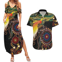 Papua New Guinea and Australia Together Couples Matching Summer Maxi Dress and Hawaiian Shirt Bird of Paradise and Kangaroo Melanesian Aboriginal Motifs LT03 Black - Polynesian Pride