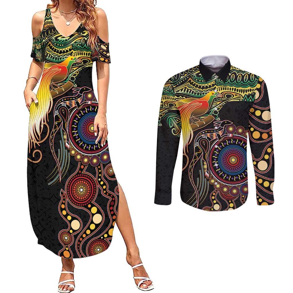 Papua New Guinea and Australia Together Couples Matching Summer Maxi Dress and Long Sleeve Button Shirt Bird of Paradise and Kangaroo Melanesian Aboriginal Motifs LT03 Black - Polynesian Pride