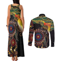 Papua New Guinea and Australia Together Couples Matching Tank Maxi Dress and Long Sleeve Button Shirt Bird of Paradise and Kangaroo Melanesian Aboriginal Motifs LT03 - Polynesian Pride
