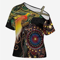 Papua New Guinea and Australia Together Cross Shoulder Shirt Bird of Paradise and Kangaroo Melanesian Aboriginal Motifs LT03 Female Black - Polynesian Pride