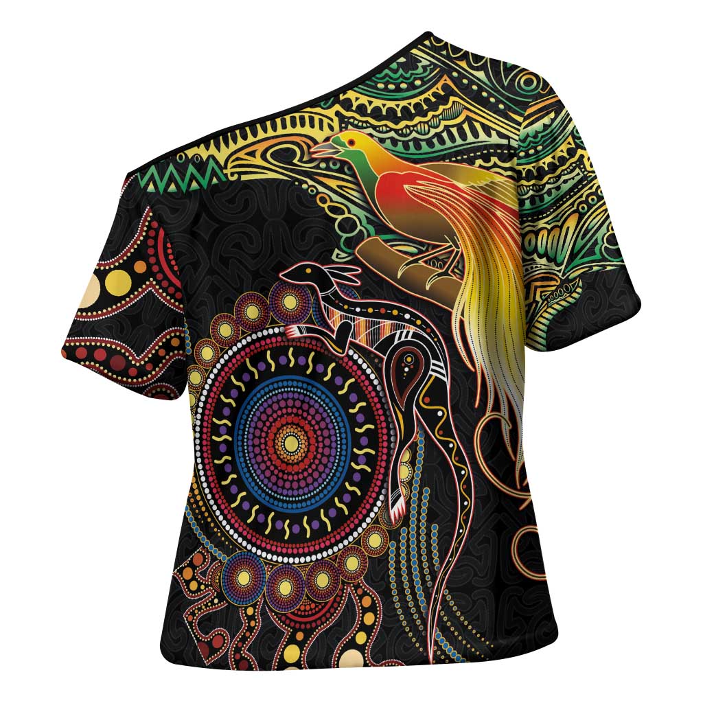 Papua New Guinea and Australia Together Cross Shoulder Shirt Bird of Paradise and Kangaroo Melanesian Aboriginal Motifs LT03 - Polynesian Pride