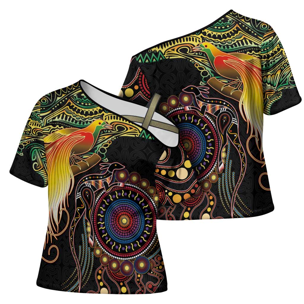 Papua New Guinea and Australia Together Cross Shoulder Shirt Bird of Paradise and Kangaroo Melanesian Aboriginal Motifs LT03 - Polynesian Pride