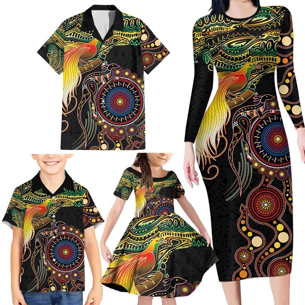 Papua New Guinea and Australia Together Family Matching Long Sleeve Bodycon Dress and Hawaiian Shirt Bird of Paradise and Kangaroo Melanesian Aboriginal Motifs LT03 - Polynesian Pride