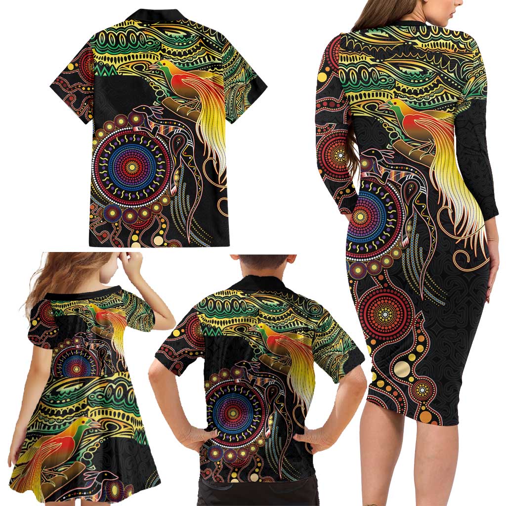 Papua New Guinea and Australia Together Family Matching Long Sleeve Bodycon Dress and Hawaiian Shirt Bird of Paradise and Kangaroo Melanesian Aboriginal Motifs LT03 - Polynesian Pride