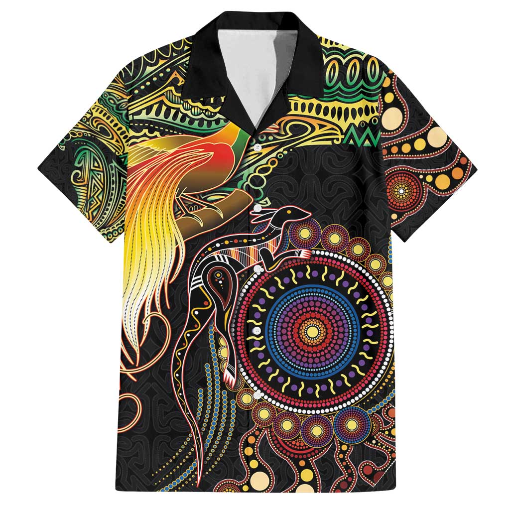 Papua New Guinea and Australia Together Family Matching Long Sleeve Bodycon Dress and Hawaiian Shirt Bird of Paradise and Kangaroo Melanesian Aboriginal Motifs LT03 Dad's Shirt - Short Sleeve Black - Polynesian Pride