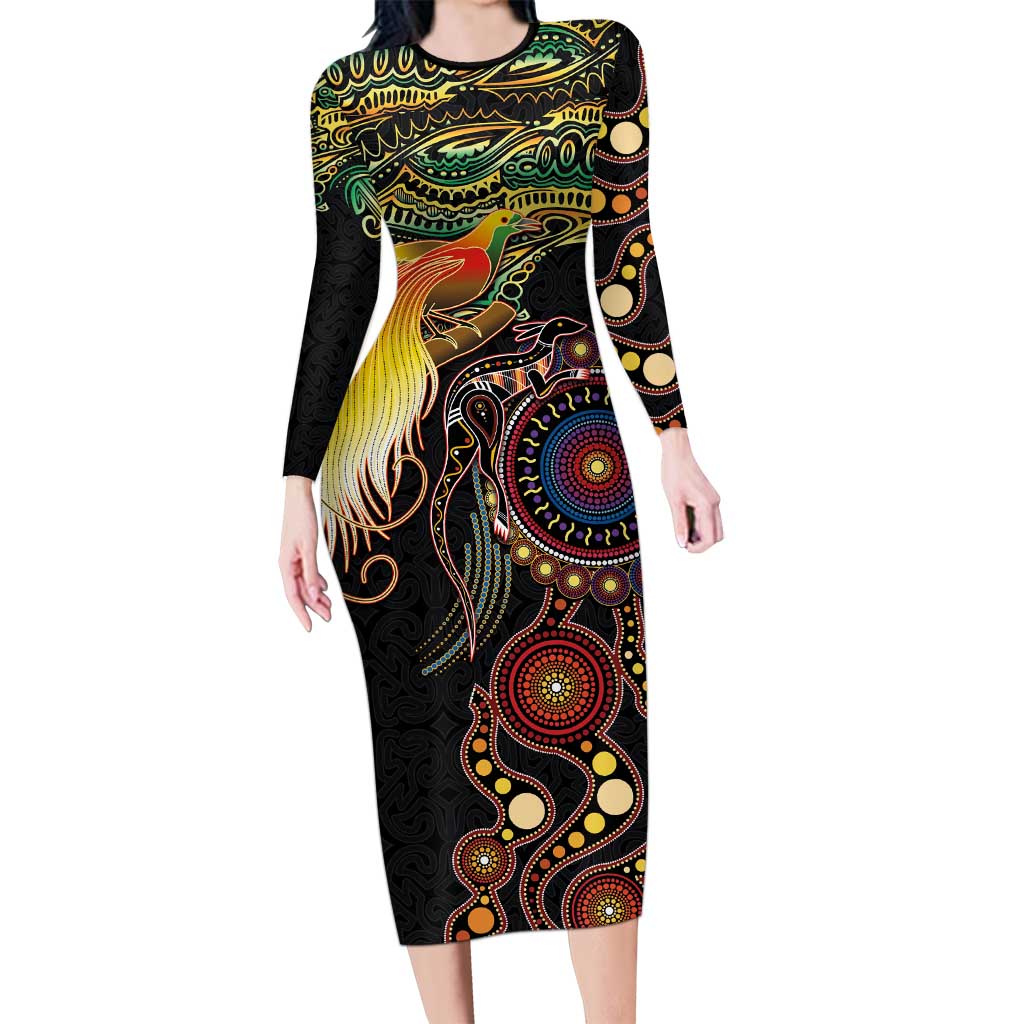 Papua New Guinea and Australia Together Family Matching Long Sleeve Bodycon Dress and Hawaiian Shirt Bird of Paradise and Kangaroo Melanesian Aboriginal Motifs LT03 Mom's Dress Black - Polynesian Pride