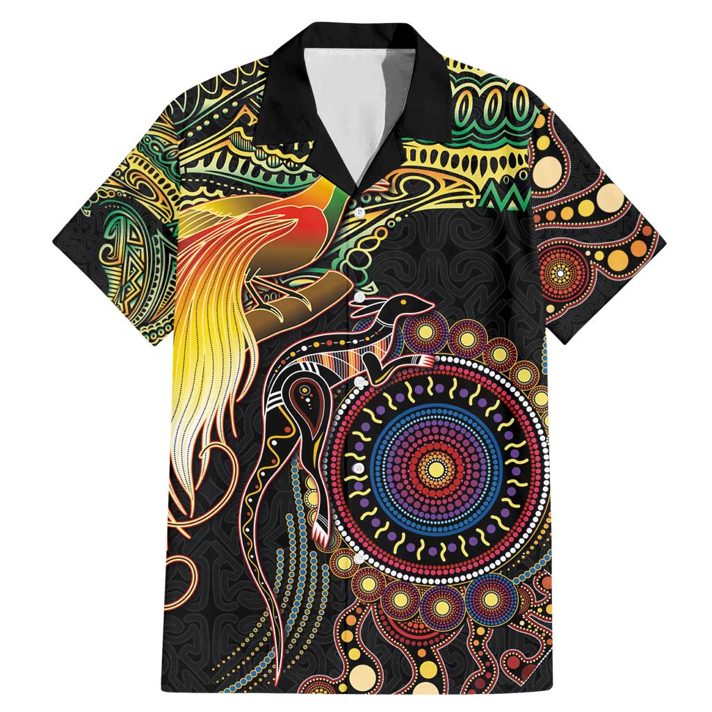 Papua New Guinea and Australia Together Family Matching Mermaid Dress and Hawaiian Shirt Bird of Paradise and Kangaroo Melanesian Aboriginal Motifs LT03 Dad's Shirt - Short Sleeve Black - Polynesian Pride