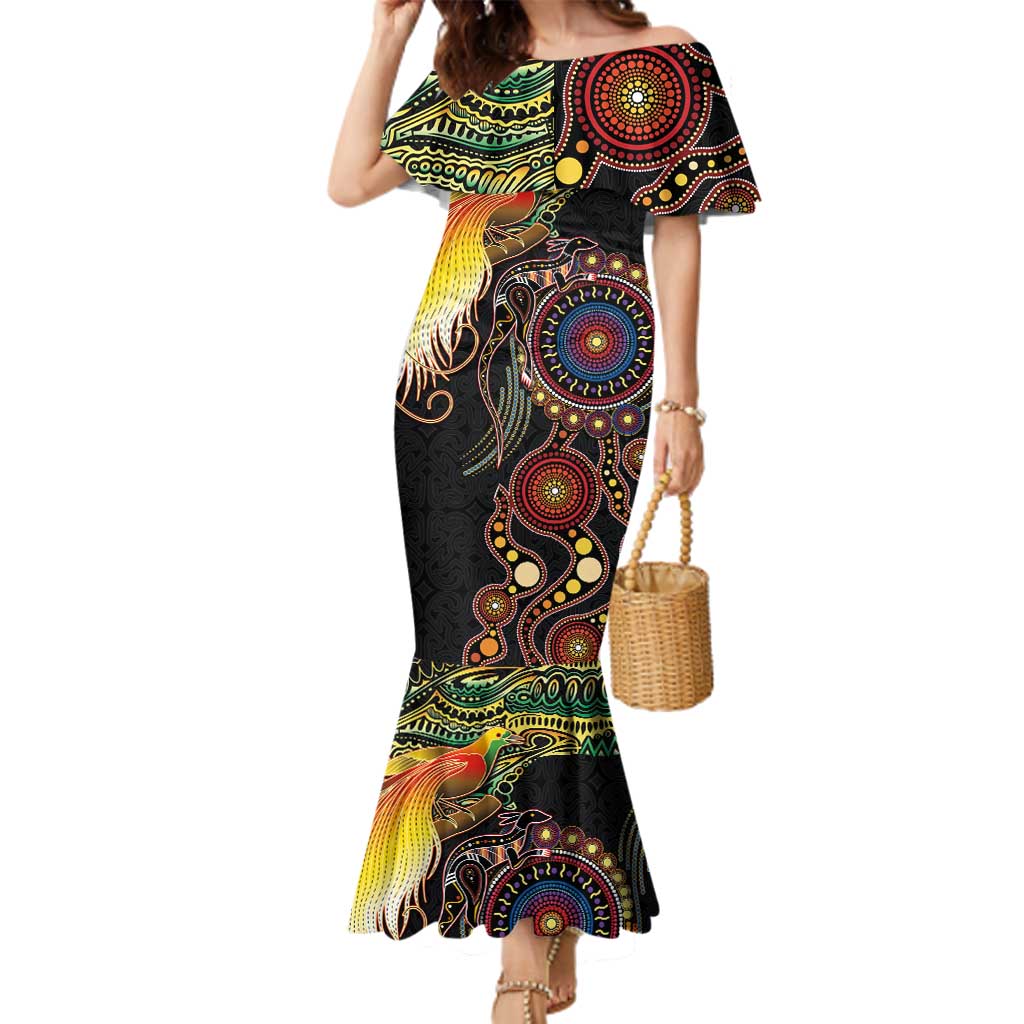 Papua New Guinea and Australia Together Family Matching Mermaid Dress and Hawaiian Shirt Bird of Paradise and Kangaroo Melanesian Aboriginal Motifs LT03 Mom's Dress Black - Polynesian Pride