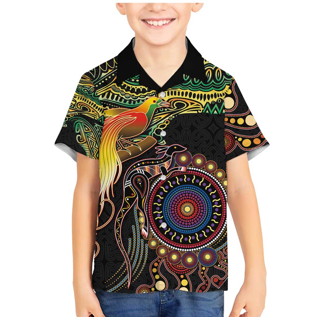 Papua New Guinea and Australia Together Family Matching Mermaid Dress and Hawaiian Shirt Bird of Paradise and Kangaroo Melanesian Aboriginal Motifs LT03 Son's Shirt Black - Polynesian Pride