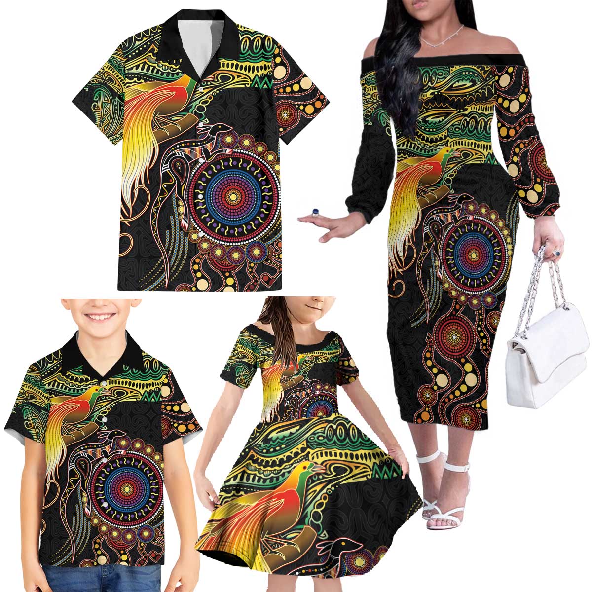 Papua New Guinea and Australia Together Family Matching Off The Shoulder Long Sleeve Dress and Hawaiian Shirt Bird of Paradise and Kangaroo Melanesian Aboriginal Motifs LT03 - Polynesian Pride
