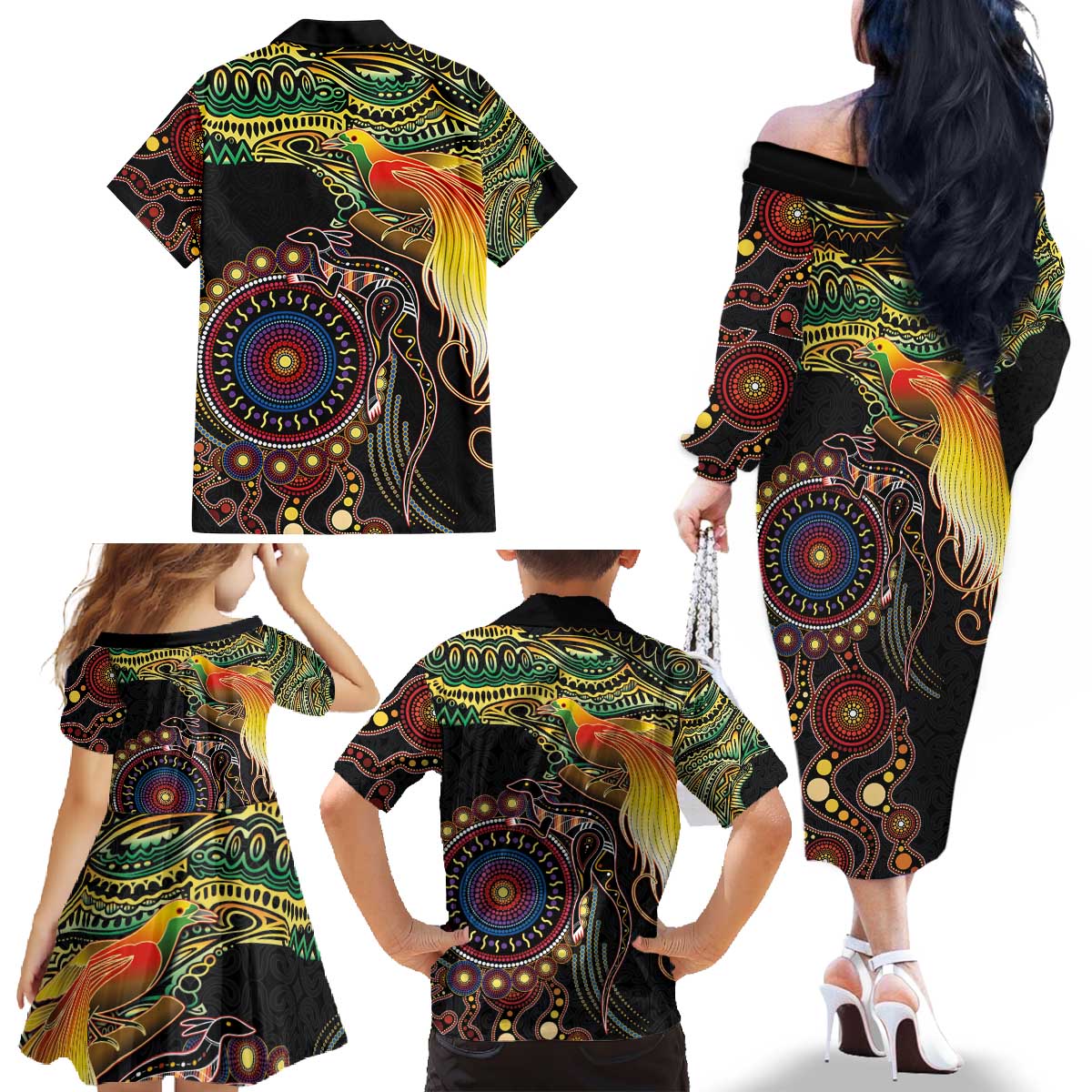 Papua New Guinea and Australia Together Family Matching Off The Shoulder Long Sleeve Dress and Hawaiian Shirt Bird of Paradise and Kangaroo Melanesian Aboriginal Motifs LT03 - Polynesian Pride