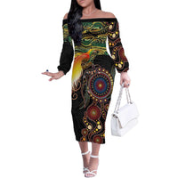 Papua New Guinea and Australia Together Family Matching Off The Shoulder Long Sleeve Dress and Hawaiian Shirt Bird of Paradise and Kangaroo Melanesian Aboriginal Motifs LT03 Mom's Dress Black - Polynesian Pride