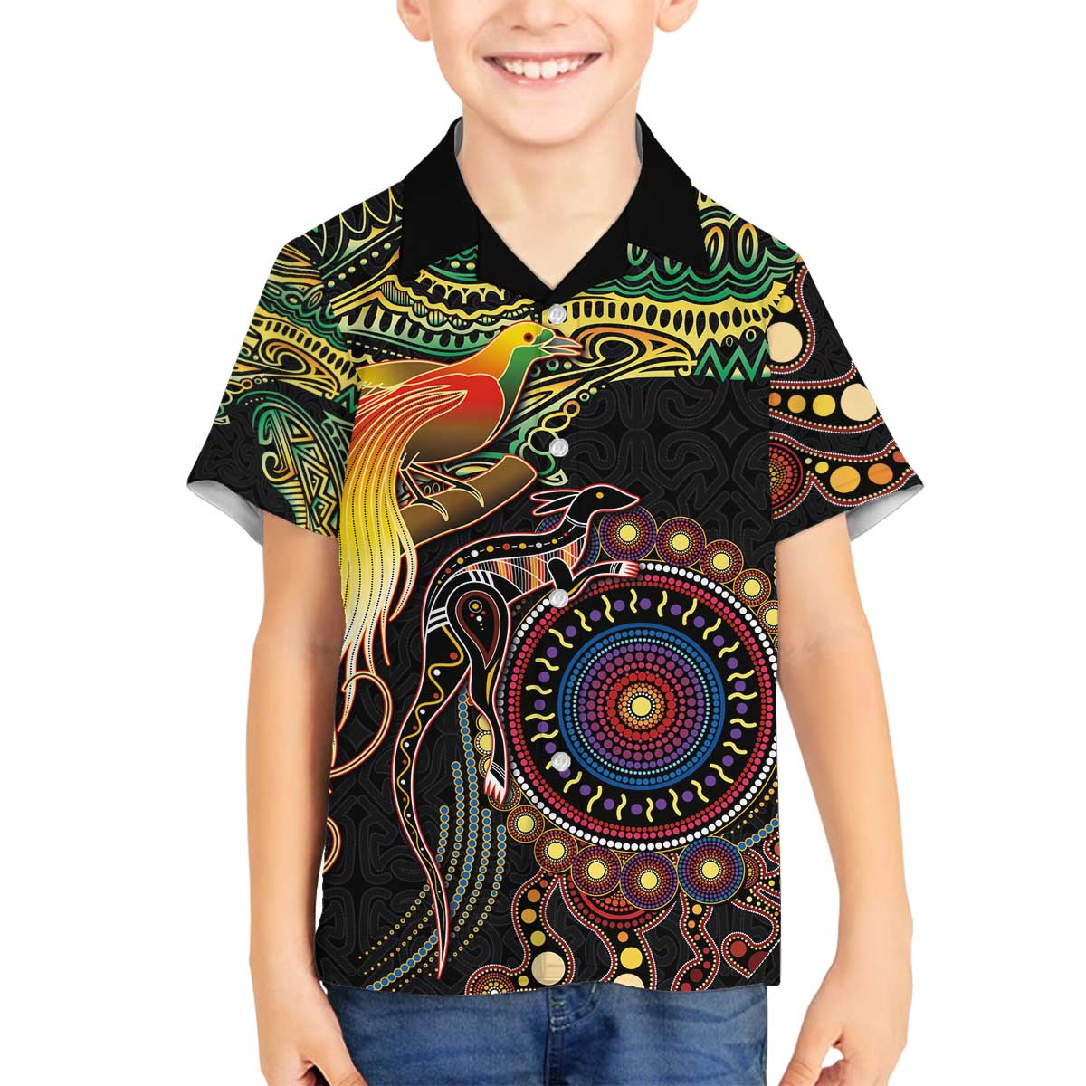 Papua New Guinea and Australia Together Family Matching Off The Shoulder Long Sleeve Dress and Hawaiian Shirt Bird of Paradise and Kangaroo Melanesian Aboriginal Motifs LT03 Son's Shirt Black - Polynesian Pride