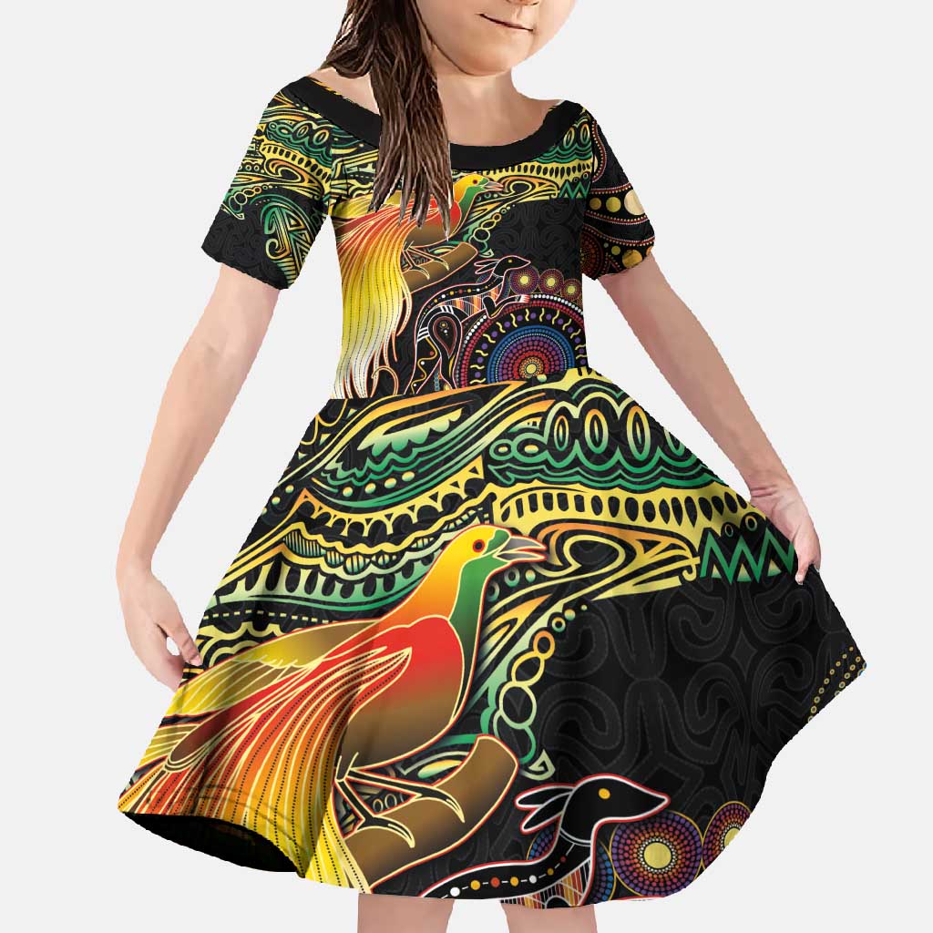 Papua New Guinea and Australia Together Family Matching Off Shoulder Maxi Dress and Hawaiian Shirt Bird of Paradise and Kangaroo Melanesian Aboriginal Motifs LT03 Daughter's Dress Black - Polynesian Pride