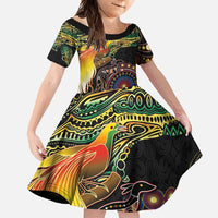 Papua New Guinea and Australia Together Family Matching Off Shoulder Maxi Dress and Hawaiian Shirt Bird of Paradise and Kangaroo Melanesian Aboriginal Motifs LT03 Daughter's Dress Black - Polynesian Pride