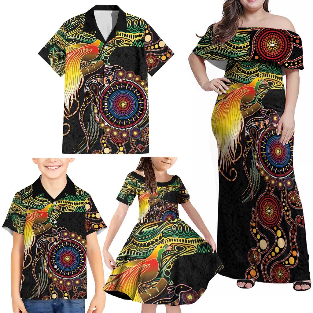 Papua New Guinea and Australia Together Family Matching Off Shoulder Maxi Dress and Hawaiian Shirt Bird of Paradise and Kangaroo Melanesian Aboriginal Motifs LT03 - Polynesian Pride