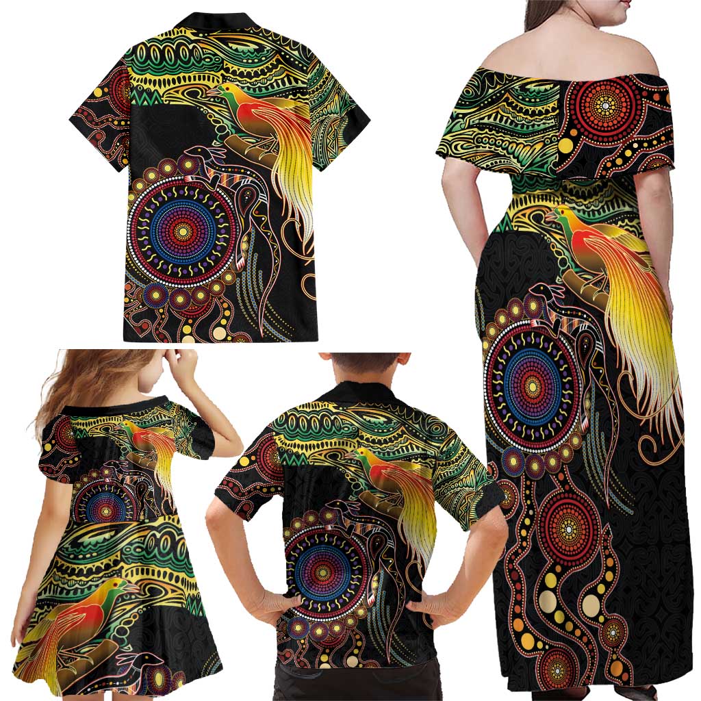 Papua New Guinea and Australia Together Family Matching Off Shoulder Maxi Dress and Hawaiian Shirt Bird of Paradise and Kangaroo Melanesian Aboriginal Motifs LT03 - Polynesian Pride
