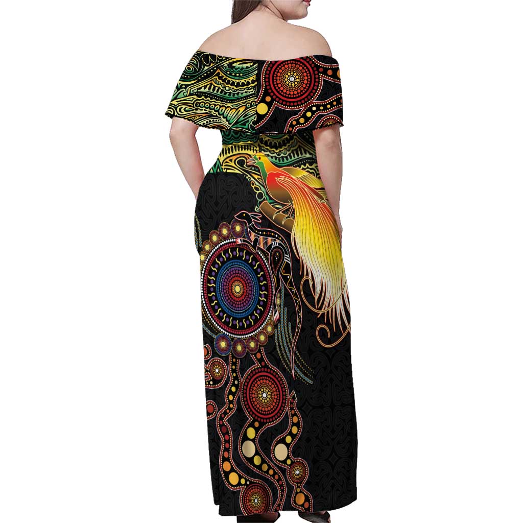 Papua New Guinea and Australia Together Family Matching Off Shoulder Maxi Dress and Hawaiian Shirt Bird of Paradise and Kangaroo Melanesian Aboriginal Motifs LT03 - Polynesian Pride