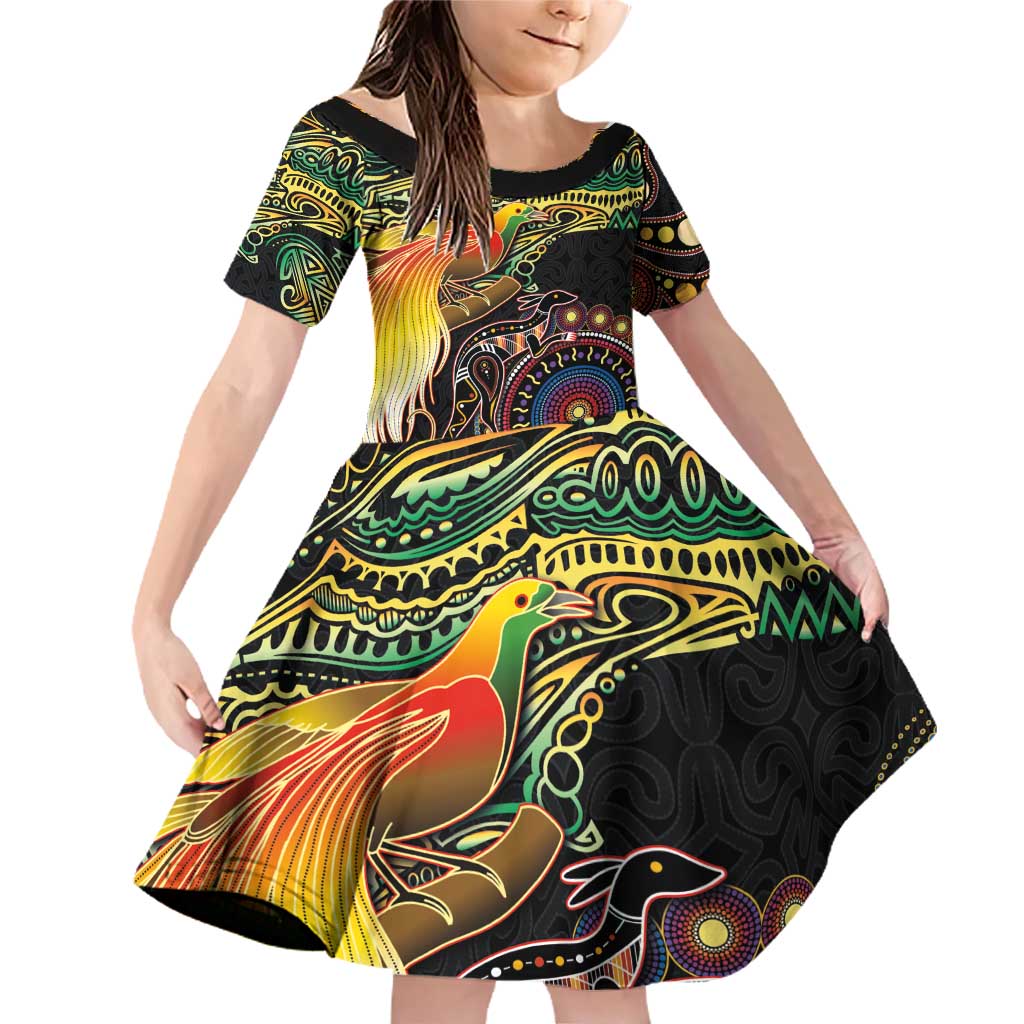 Papua New Guinea and Australia Together Family Matching Off Shoulder Short Dress and Hawaiian Shirt Bird of Paradise and Kangaroo Melanesian Aboriginal Motifs LT03 Daughter's Dress Black - Polynesian Pride