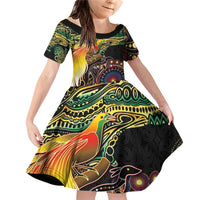 Papua New Guinea and Australia Together Family Matching Off Shoulder Short Dress and Hawaiian Shirt Bird of Paradise and Kangaroo Melanesian Aboriginal Motifs LT03 Daughter's Dress Black - Polynesian Pride