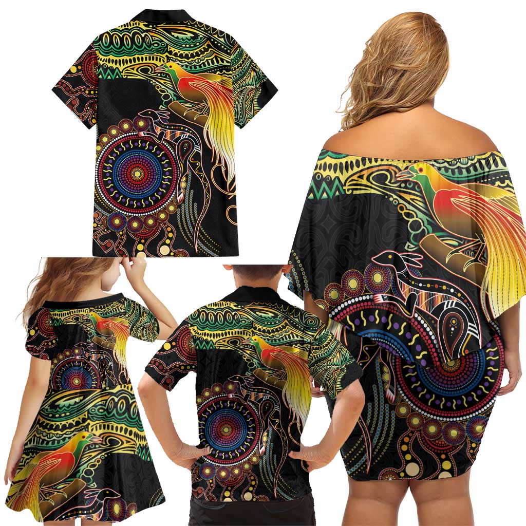 Papua New Guinea and Australia Together Family Matching Off Shoulder Short Dress and Hawaiian Shirt Bird of Paradise and Kangaroo Melanesian Aboriginal Motifs LT03 - Polynesian Pride