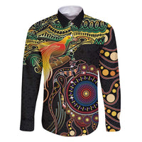 Papua New Guinea and Australia Together Family Matching Off Shoulder Short Dress and Hawaiian Shirt Bird of Paradise and Kangaroo Melanesian Aboriginal Motifs LT03 Dad's Shirt - Long Sleeve Black - Polynesian Pride