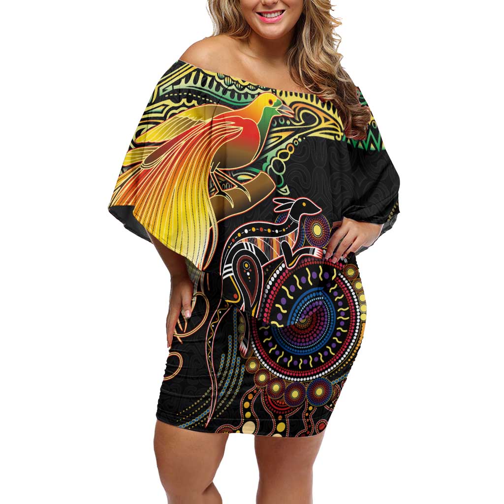 Papua New Guinea and Australia Together Family Matching Off Shoulder Short Dress and Hawaiian Shirt Bird of Paradise and Kangaroo Melanesian Aboriginal Motifs LT03 Mom's Dress Black - Polynesian Pride
