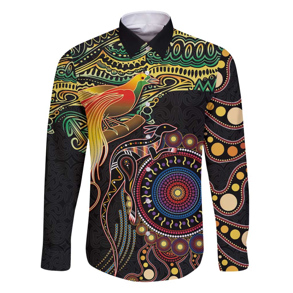 Papua New Guinea and Australia Together Family Matching Puletasi and Hawaiian Shirt Bird of Paradise and Kangaroo Melanesian Aboriginal Motifs LT03 Dad's Shirt - Long Sleeve Black - Polynesian Pride