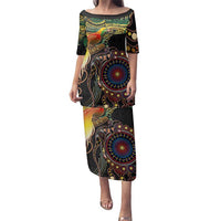 Papua New Guinea and Australia Together Family Matching Puletasi and Hawaiian Shirt Bird of Paradise and Kangaroo Melanesian Aboriginal Motifs LT03 Mom's Dress Black - Polynesian Pride