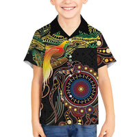 Papua New Guinea and Australia Together Family Matching Puletasi and Hawaiian Shirt Bird of Paradise and Kangaroo Melanesian Aboriginal Motifs LT03 Son's Shirt Black - Polynesian Pride