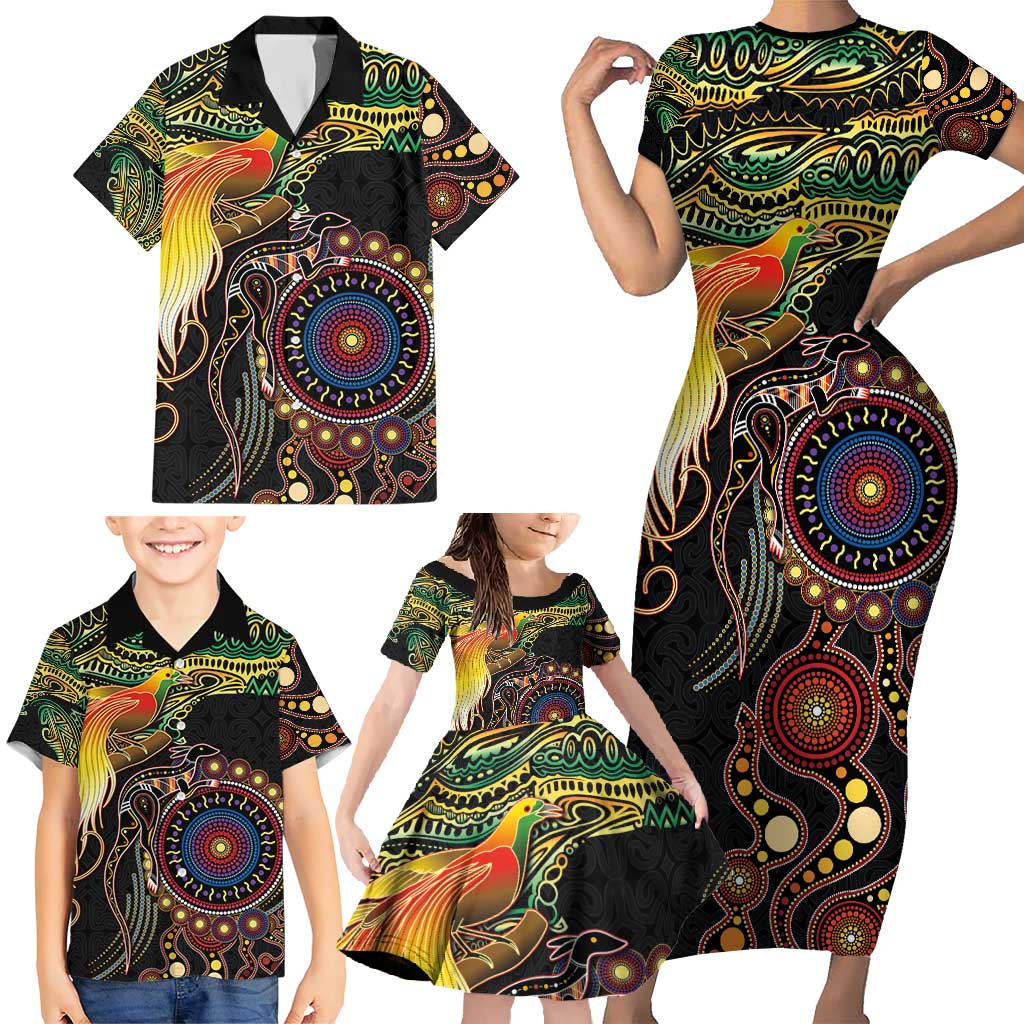 Papua New Guinea and Australia Together Family Matching Short Sleeve Bodycon Dress and Hawaiian Shirt Bird of Paradise and Kangaroo Melanesian Aboriginal Motifs LT03 - Polynesian Pride