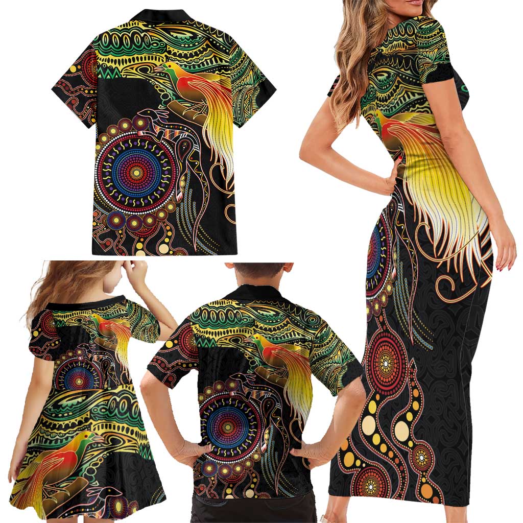Papua New Guinea and Australia Together Family Matching Short Sleeve Bodycon Dress and Hawaiian Shirt Bird of Paradise and Kangaroo Melanesian Aboriginal Motifs LT03 - Polynesian Pride