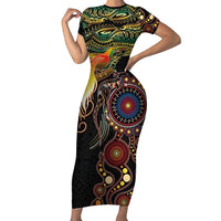 Papua New Guinea and Australia Together Family Matching Short Sleeve Bodycon Dress and Hawaiian Shirt Bird of Paradise and Kangaroo Melanesian Aboriginal Motifs LT03 Mom's Dress Black - Polynesian Pride