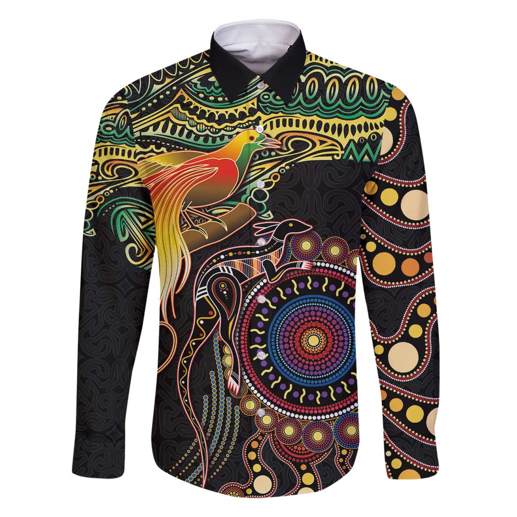 Papua New Guinea and Australia Together Family Matching Summer Maxi Dress and Hawaiian Shirt Bird of Paradise and Kangaroo Melanesian Aboriginal Motifs LT03 Dad's Shirt - Long Sleeve Black - Polynesian Pride