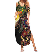 Papua New Guinea and Australia Together Family Matching Summer Maxi Dress and Hawaiian Shirt Bird of Paradise and Kangaroo Melanesian Aboriginal Motifs LT03 Mom's Dress Black - Polynesian Pride