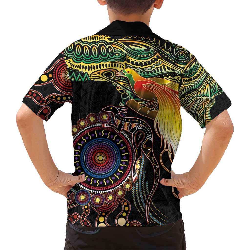 Papua New Guinea and Australia Together Family Matching Tank Maxi Dress and Hawaiian Shirt Bird of Paradise and Kangaroo Melanesian Aboriginal Motifs LT03 - Polynesian Pride