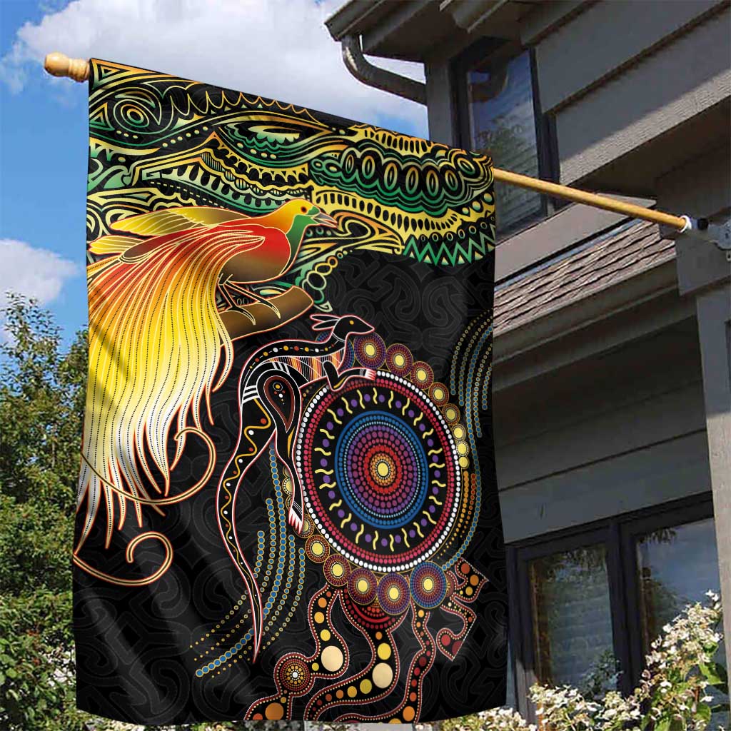 Papua New Guinea and Australia Together Garden Flag Bird of Paradise and Kangaroo Melanesian Aboriginal Motifs LT03 - Polynesian Pride