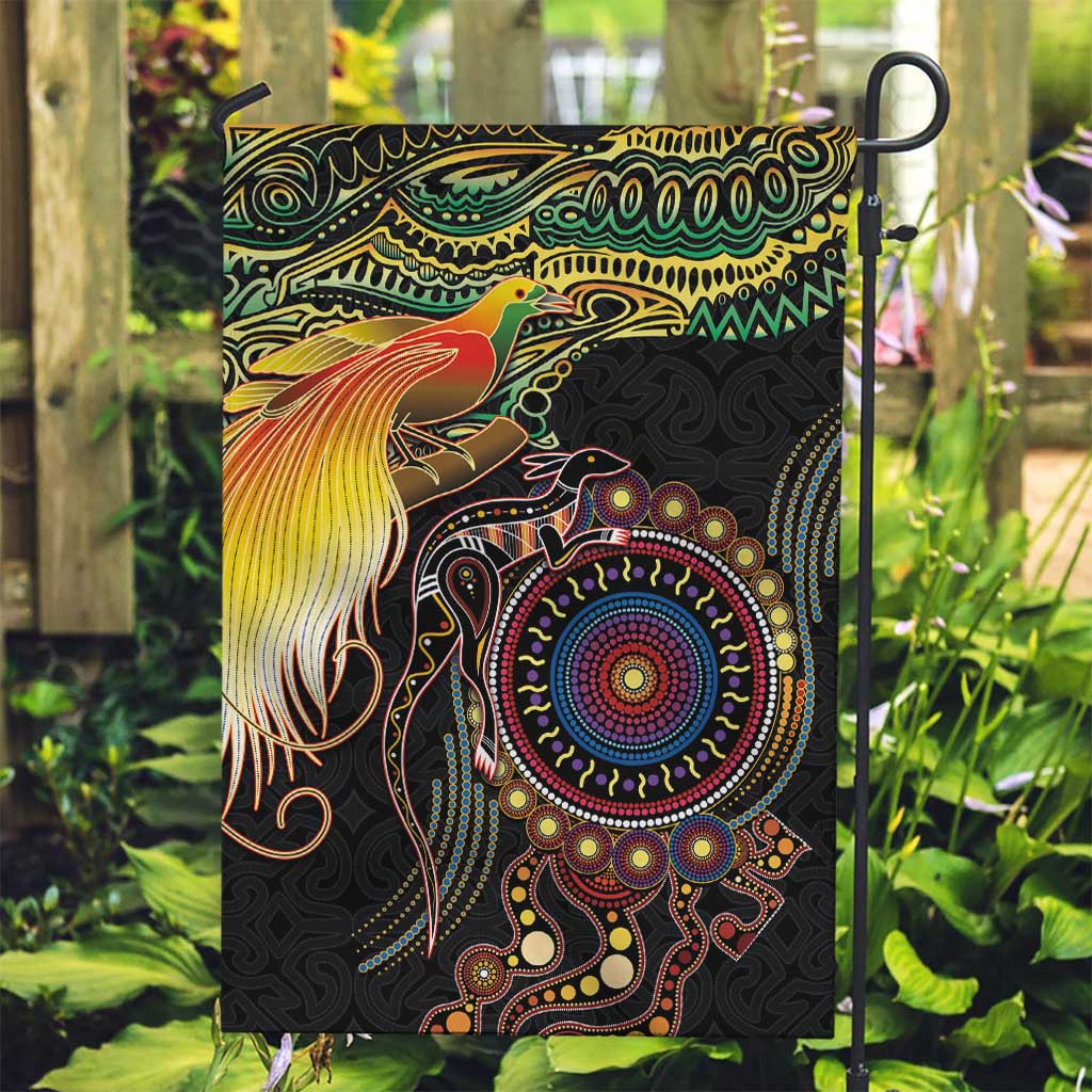 Papua New Guinea and Australia Together Garden Flag Bird of Paradise and Kangaroo Melanesian Aboriginal Motifs LT03 Garden Flag Black - Polynesian Pride