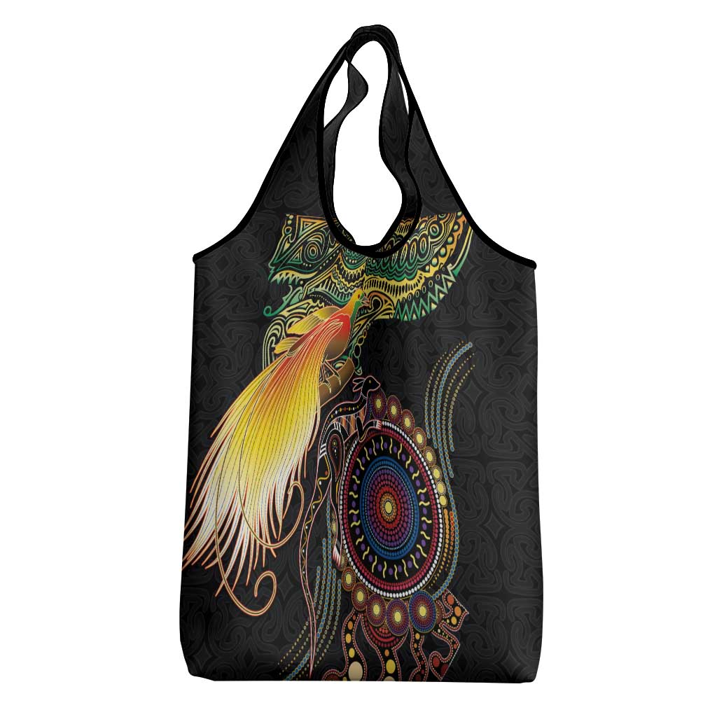 Papua New Guinea and Australia Together Grocery Bag Bird of Paradise and Kangaroo Melanesian Aboriginal Motifs LT03 - Polynesian Pride