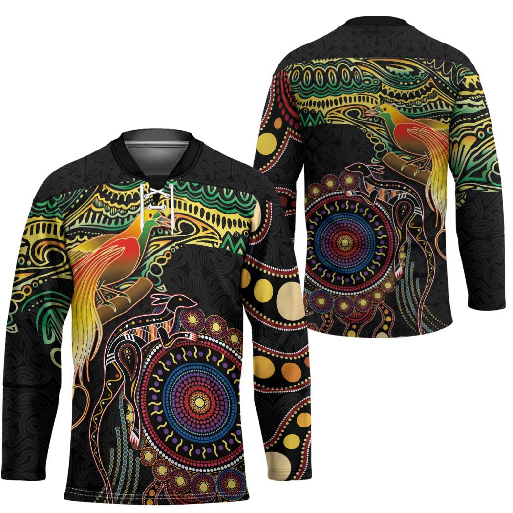 Papua New Guinea and Australia Together Hockey Jersey Bird of Paradise and Kangaroo Melanesian Aboriginal Motifs LT03 - Polynesian Pride