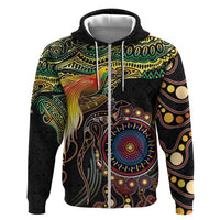 Papua New Guinea and Australia Together Hoodie Bird of Paradise and Kangaroo Melanesian Aboriginal Motifs LT03 Zip Hoodie Black - Polynesian Pride