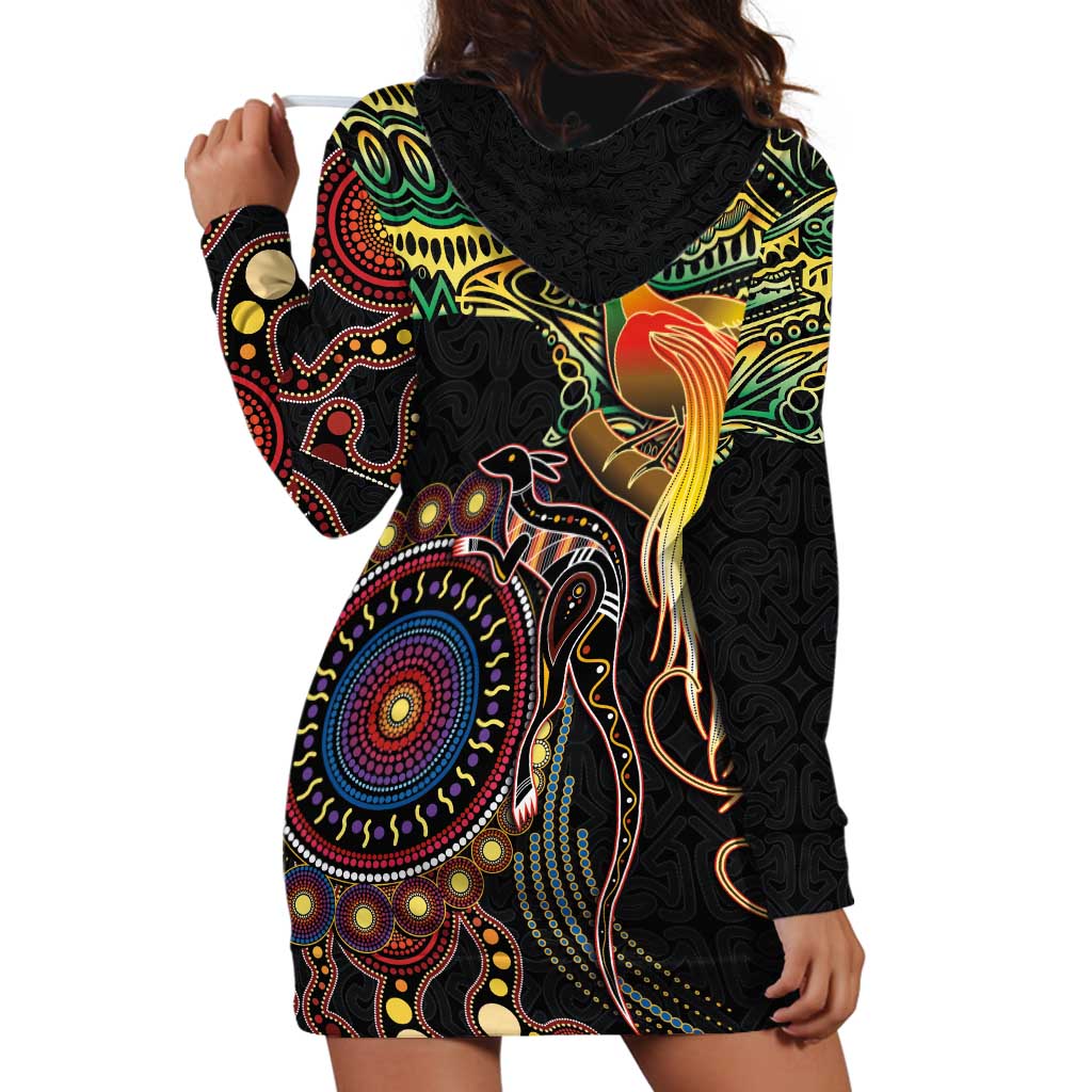 Papua New Guinea and Australia Together Hoodie Dress Bird of Paradise and Kangaroo Melanesian Aboriginal Motifs LT03 - Polynesian Pride