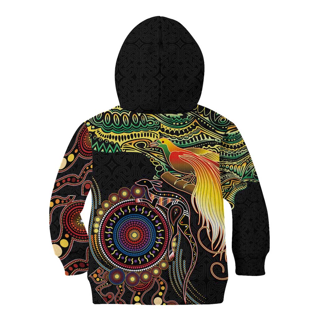 Papua New Guinea and Australia Together Kid Hoodie Bird of Paradise and Kangaroo Melanesian Aboriginal Motifs LT03 - Polynesian Pride