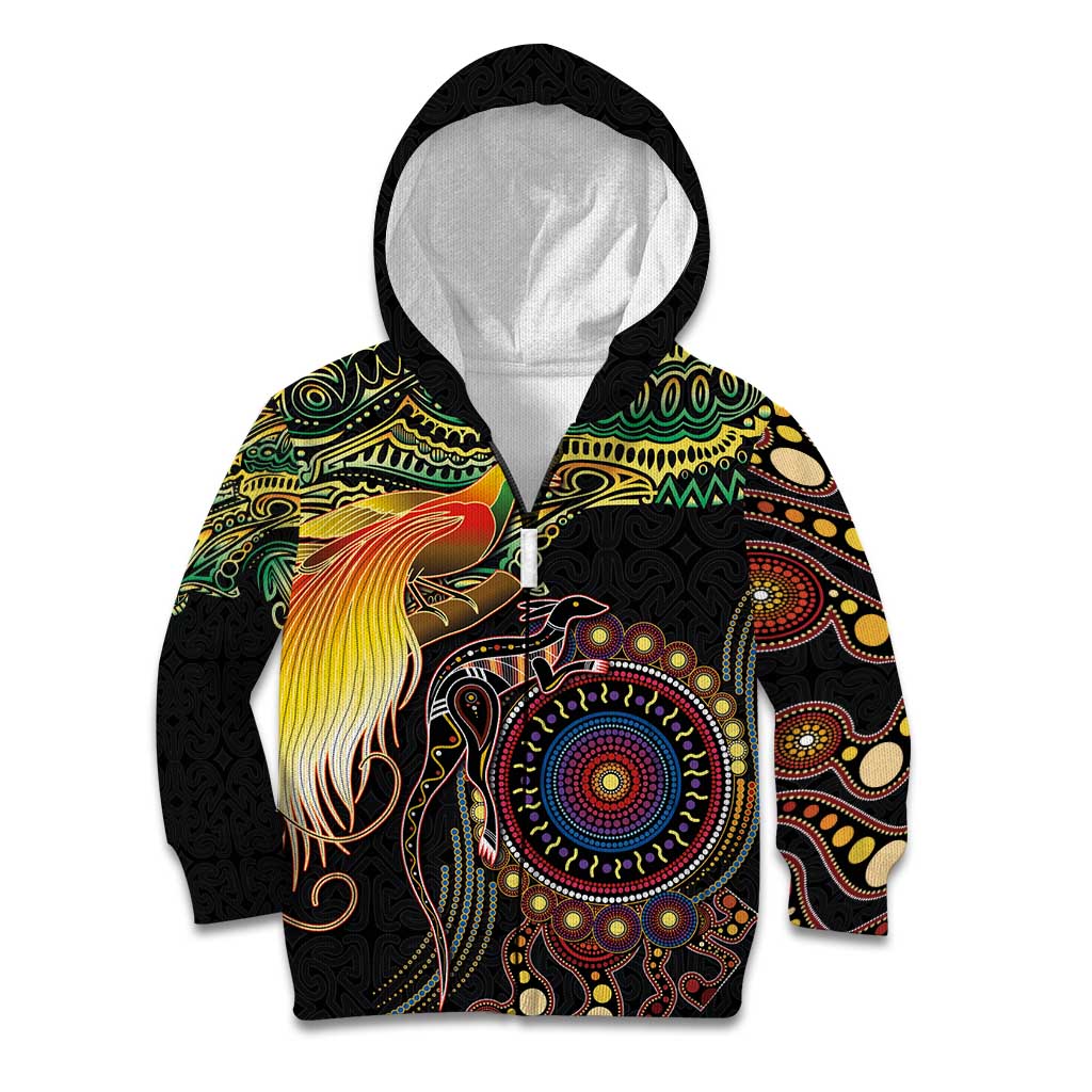 Papua New Guinea and Australia Together Kid Hoodie Bird of Paradise and Kangaroo Melanesian Aboriginal Motifs LT03 Zip Hoodie Black - Polynesian Pride