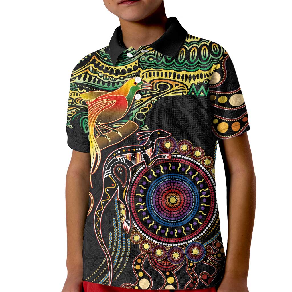 Papua New Guinea and Australia Together Kid Polo Shirt Bird of Paradise and Kangaroo Melanesian Aboriginal Motifs LT03 Kid Black - Polynesian Pride