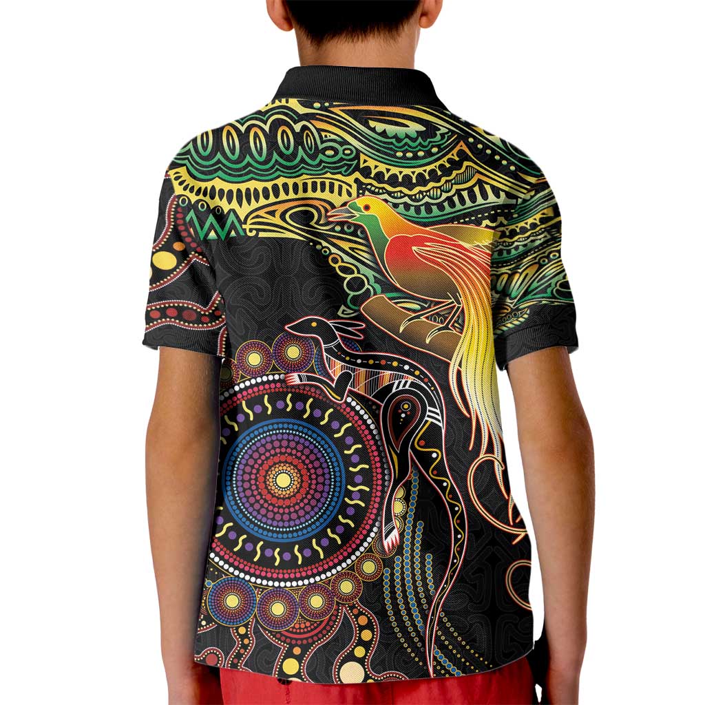 Papua New Guinea and Australia Together Kid Polo Shirt Bird of Paradise and Kangaroo Melanesian Aboriginal Motifs LT03 - Polynesian Pride